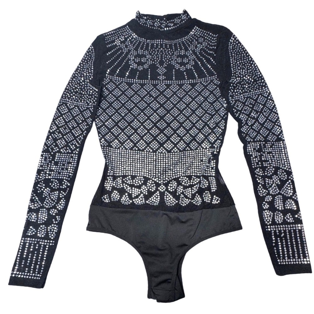 Aria Bodysuit Womens Small Rhinestone Embellished Mock Neck Long Sleeve Black
